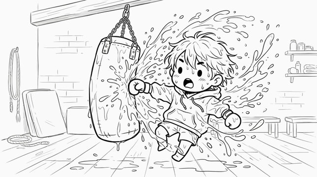 Kid Punching Heavy Boxing Bag.