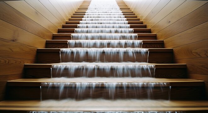 Water cascading down wooden steps creating a relaxing indoor waterfall