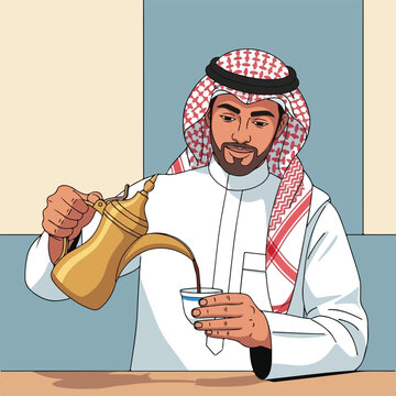 Man in traditional Arab attire pouring coffee from golden Dallah into small cup. Culture