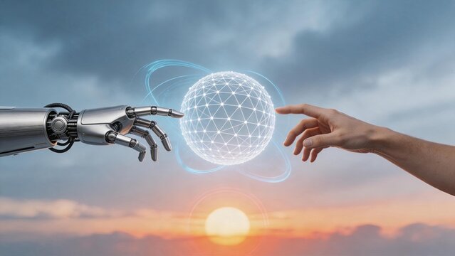 Robotic metal hand and human finger reaching towards glowing digital globe network sphere against sunset sky background, representing global connectivity, AI partnership and