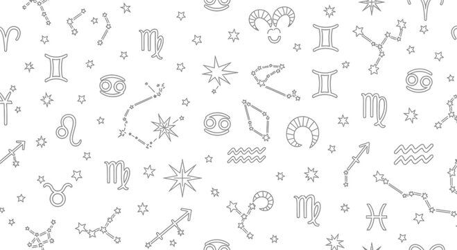 Astrology Zodiac Signs Seamless Pattern, Constellations and Stars