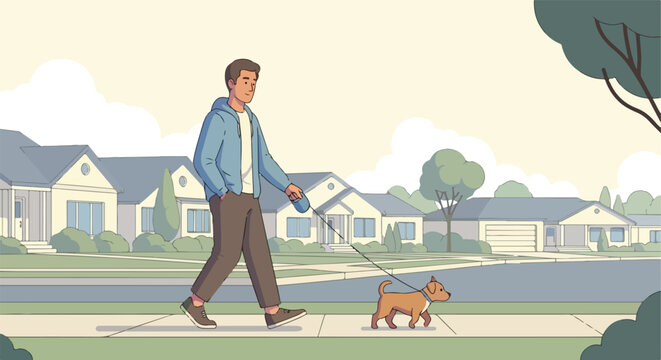 A man walks his small brown dog on a leash along a suburban street sidewalk