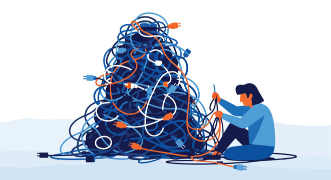 Person untangling a huge, chaotic pile of blue, orange, and white electrical cables
