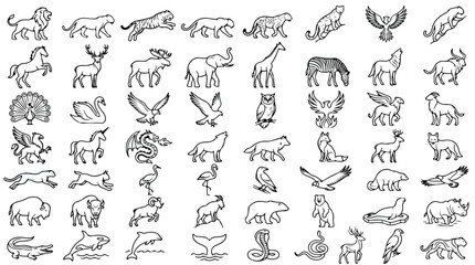 Minimalist animal line icons set, 56 wild wildlife and mythical creature vector symbols, black outline zoo and safari fauna illustrations © Sidra