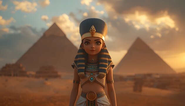 Young Queen Cleopatra Kid Portrait Near Desert Pyramids in Golden Light