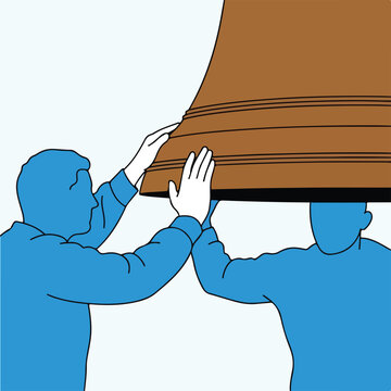 Two blue figures, hands extended, collaboratively lifting a large brown bell-like object