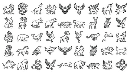 Minimalist animal line icons set, 45 geometric wildlife and mythical creature vector symbols, modern black outline animal logos for branding © Sidra