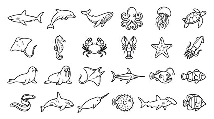 Minimalist sea life line icons, collection of 24 marine animal vector illustrations, black and white aquatic creature symbols for educational design © Sidra