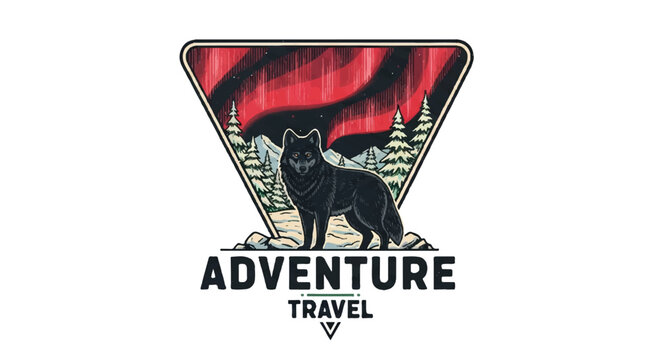 Black wolf emblem for adventure travel with northern lights background.