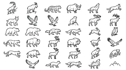 Fototapeta premium Minimalist wild animal line icons, set of 31 forest and mountain wildlife vector illustrations, black outline wilderness fauna symbols for logos
