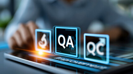 Plakat Close-up of a quality management concept visualization with QA, QC and improvement icons on a diagram, quality assurance concept, QA management photography, compliance and