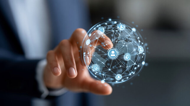Close-up of a businessman touching a digital globe and network with customer service and quality assurance icons, digital support concept, global service photography, technology