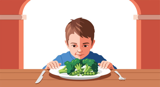 Young boy reluctantly faces a plate of broccoli and peas at a table, looking displeased