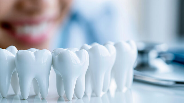 Close-up of a dental care concept with healthy smiles on a white background, oral health service concept, dental smile photography, healthcare service visualization, with copy
