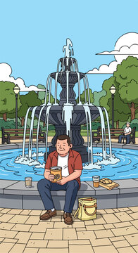Smiling man eating snacks by a tiered fountain in a park, enjoying a casual break