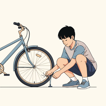 Young boy crouching, pumping air into a bicycle tire with a hand pump. Maintenance