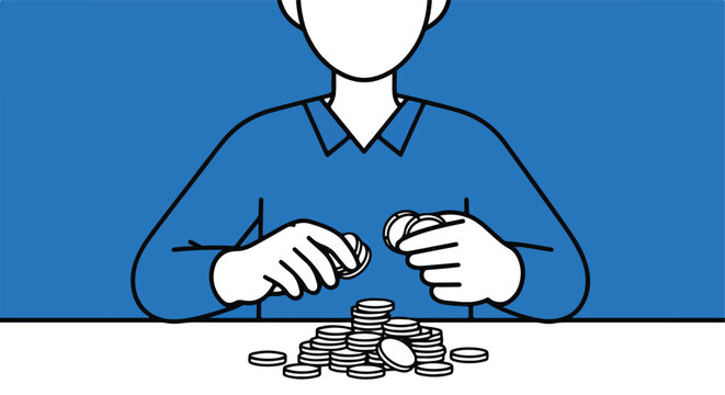 Illustration person in blue counting money, forming coin stacks on a white table