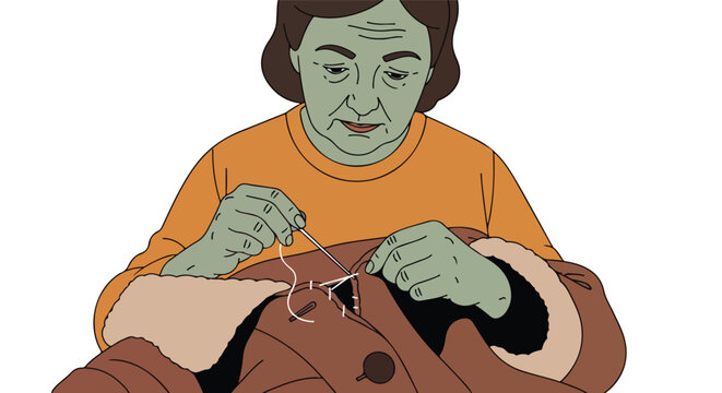 Woman with green skin carefully mends a brown fur-lined jacket with needle and thread