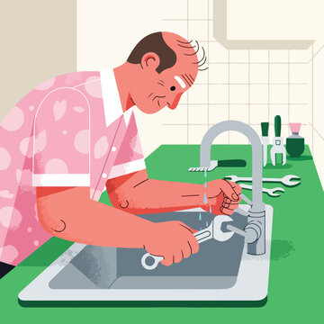 An older man with a receding hairline fixes a leaking kitchen faucet with a wrench