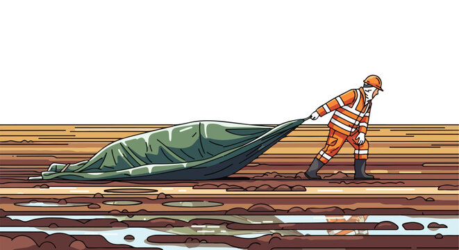 Worker in orange safety uniform pulling large green tarp over wet, muddy ground