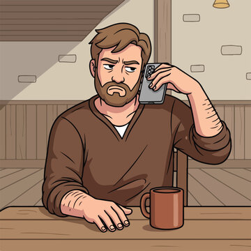 Bearded man on phone with serious expression, sitting at wooden table with coffee mug