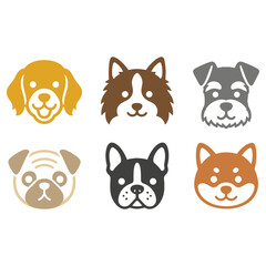 Fototapeta premium Vector icon set featuring popular dog breeds including Shiba Inu, pug, schnauzer, and bulldog. Friendly flat design with warm brown, gray, black, and orange color palettes.