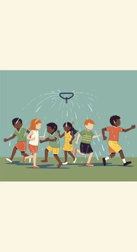 Happy diverse children running through sprinkler water on a green lawn, enjoying summer fun
