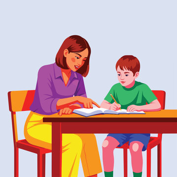 A woman tutors a young boy, pointing to a book as he writes with a pencil at a table