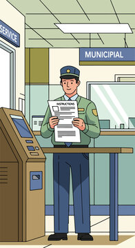 Uniformed man reading instructions at an information kiosk in a municipal office