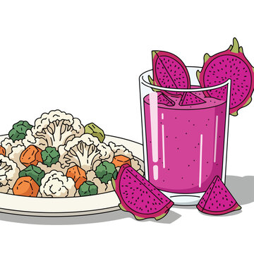 Plate of colorful cooked vegetables and a glass of vibrant pink dragon fruit smoothie