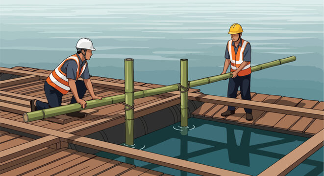 Construction workers in vests and hard hats building a bamboo and wood pier