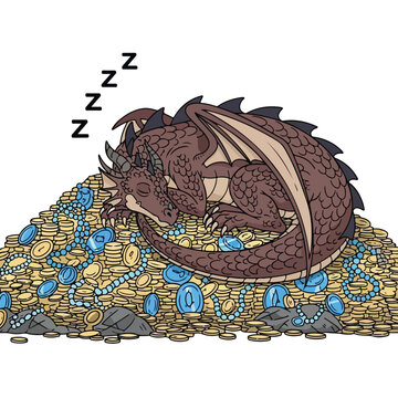 Cute cartoon dragon snoozing soundly on a vast hoard of gold coins and sparkling blue gems