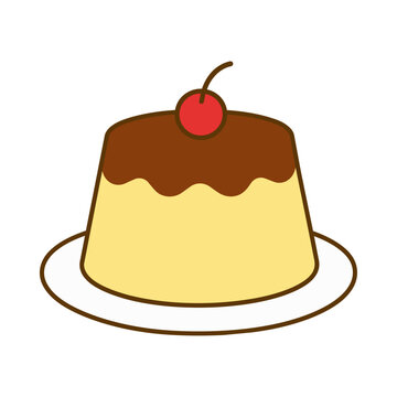 Custard pudding vector illustration with chocolate topping and cherry dessert style