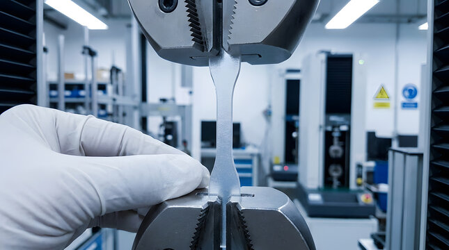 Tensile testing of polymer specimens in laboratory | Material strength analysis with universal testing machine | Quality control testing of plastic polymers | Laboratory technician positioning dogbone