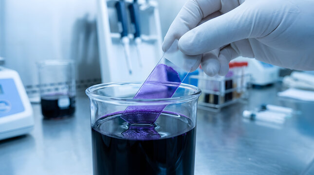Laboratory technician staining microscope slide | Hematology blood smear preparation in lab | Clinical histology staining process with purple dye | Medical research scientist working with glass slides