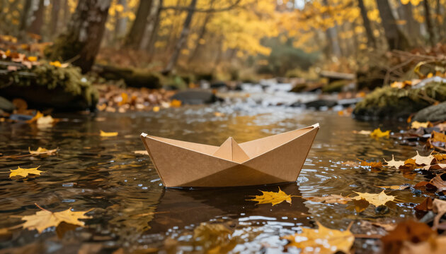 Origami Schiff aus Kraftpapier auf herbstlichem Flusslauf im Wald