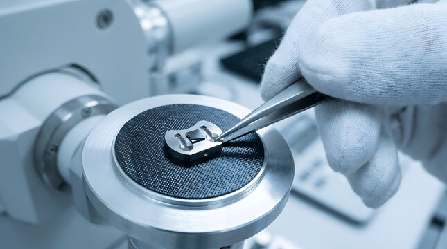 Scanning electron microscope sample preparation | Scientist handling microchip with tweezers | Nanotechnology research and development | SEM specimen stub setup