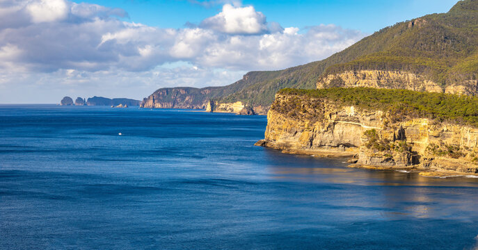 Panoramic view of the Tasman peninsula coastline from the three capes walking track, Tasman National Park, Tasmania, Australia