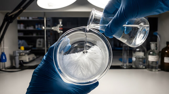 Hands in blue gloves pouring chemical solution | Supersaturated solution crystal formation experiment | Instant crystallization of sodium acetate in lab | Scientific chemistry demonstration in glass 