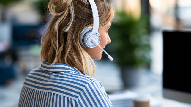 Rear view of a woman using a computer with a headset for telemarketing and technical support, female telemarketing concept, headset agent photography, legal advice support