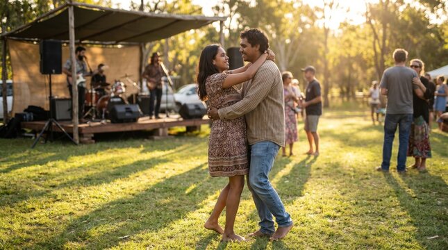 Indigenous Couple Dancing Outdoor Evening Community Music Event