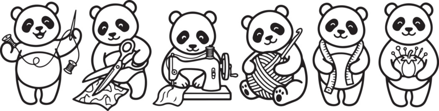 Cute panda bears performing various sewing and crafting activities in this charming illustration for creative projects and fun design art