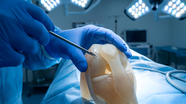 Orthopedic surgeon performing knee arthroscopy simulation | Medical professional using cannula on knee joint model | Orthopedic training with surgical instruments in operating room