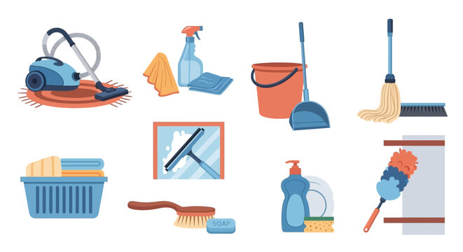 Household Cleaning Supplies and Tools Collection