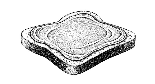 Detailed black and white illustration of toast with a generous spread of creamy peanut butter, showcasing intricate textures and shading on a white background