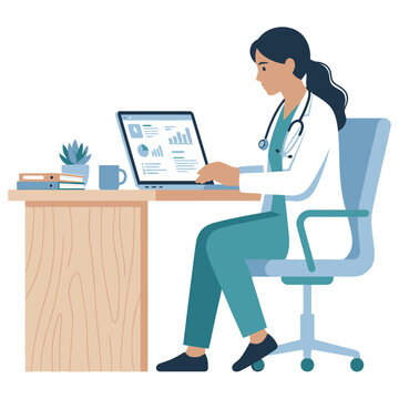 An illustration of a female doctor sitting at a desk using a laptop in a hospital office setting.