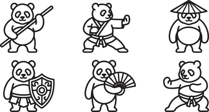 Six cute panda bear characters performing various martial arts poses in this detailed black and white vector line art illustration