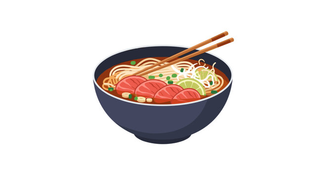 Illustration of a dark blue bowl filled with vibrant pho soup, featuring slices of beef, noodles, lime, and herbs, with chopsticks resting on top, on a white background