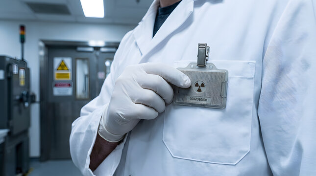 Laboratory worker checking radiation dosimeter badge | Nuclear facility safety protocols and monitoring | Professional in white lab coat with radiation badge | Occupational health and safety in hazard