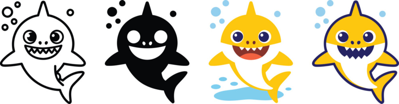 Cute Baby Shark Icon Set &ndash; Sea Animal Character, Cartoon Fish Mascot, Ocean Predator Silhouette, Flat Line and Colorful Vector Illustration Collection